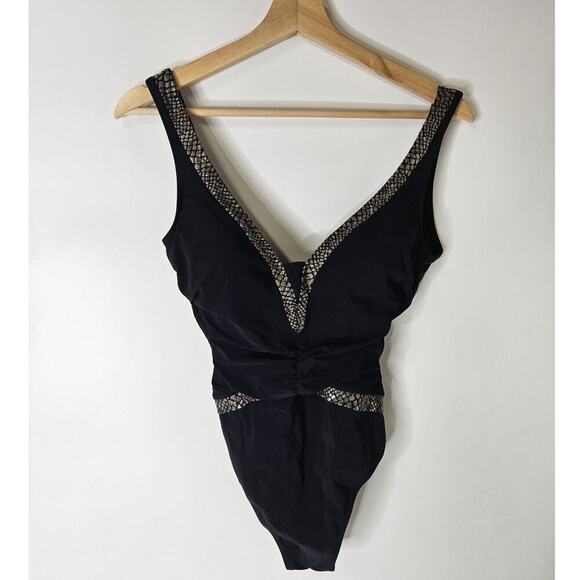Profile By Gottex Snake Print V Neck One-Piece Black Women's Size 8 - Picture 1 of 4